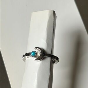 Silver Tone Moon Ring with Blue Accent